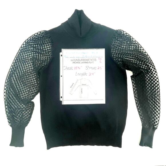 Marled Women's Turtleneck Blouse, Long Sheer Swiss Dot Lace Sleeves, Black Sz. L - Picture 10 of 10